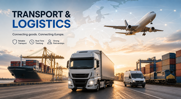 Transport- og logistikproces med lastbiler, lagre og varer i bevægelse på tværs af Europa i forsyningskæden